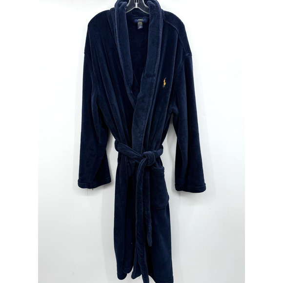 POLO Ralph Lauren Men s Terry Robe Sz L/XL Navy Blue Logo Pockets 48 Length - Picture 1 of 8